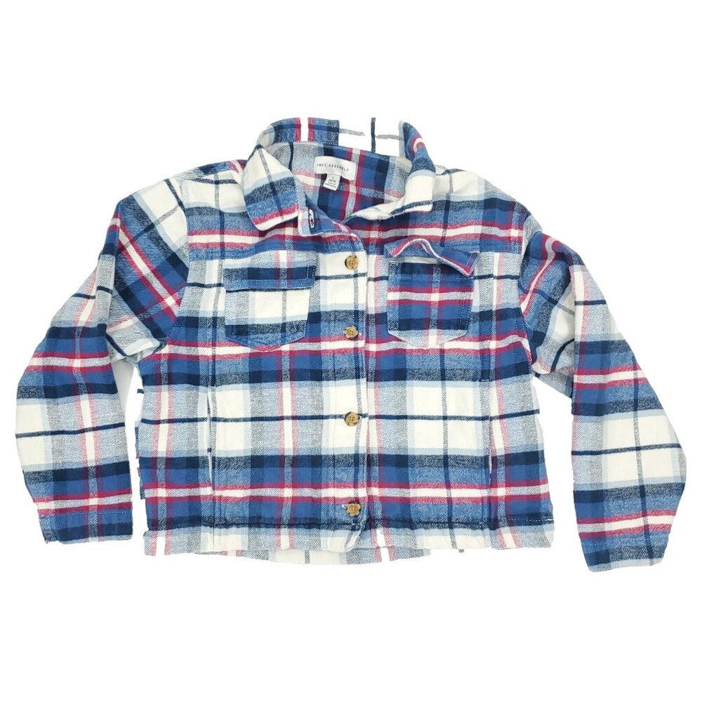 Free Assembly Button Shirt Girls Large 10-12 Blue White Flannel Shacket Plaid